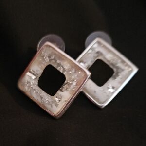 Silver Tone & White Enamel Earrings, Glittery, Excellent Condition!